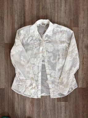 White Floral Linen Embroidered Button-Up Shirt